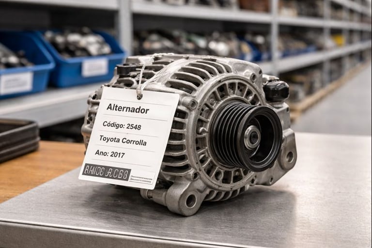 Alternador usado limpo e catalogado com etiqueta em ferro-velho organizado e profissional
