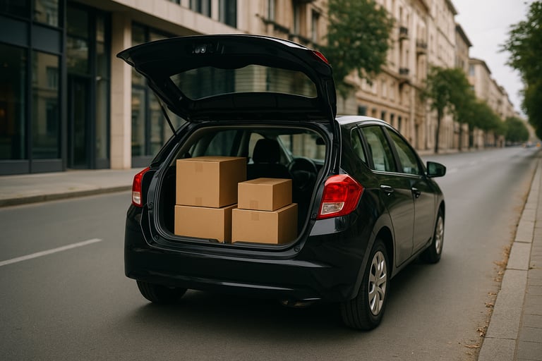 Carro hatch preto usado com porta-malas aberto carregado de caixas para entregas urbanas