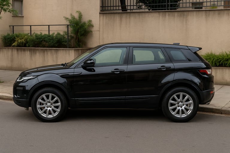 Range Rover Evoque preto visto de perfil em rua urbana, com rodas de liga leve e design elegante.