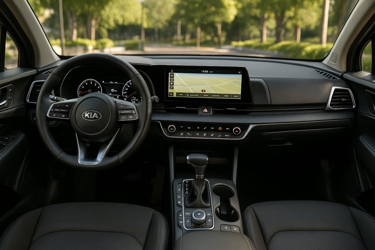 Interior da Kia Sportage 2022, com painel moderno iluminado, bancos de couro preto e volante multifu