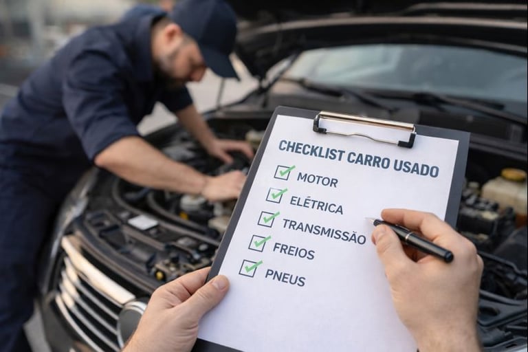 Checklist de inspeção de carro usado em português com mecânico avaliando o motor ao fundo