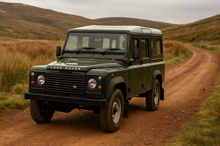 Land Rover Defender 110 antigo verde percorrendo estrada de terra em região rural montanhosa