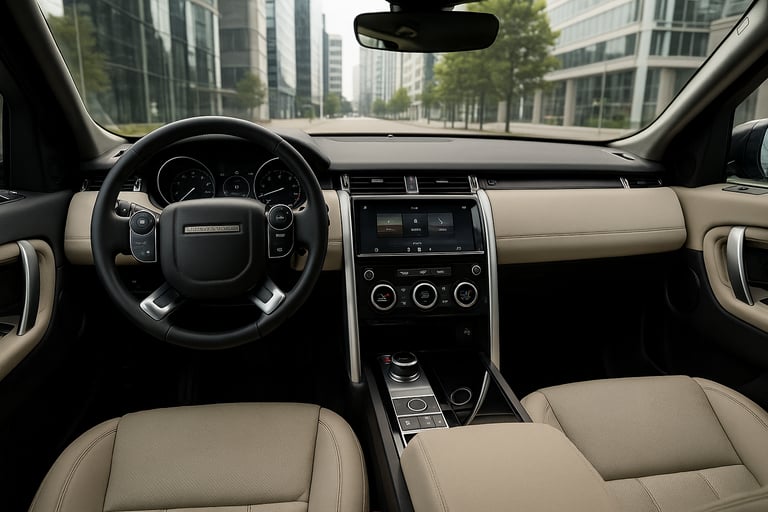 Interior do Land Rover Discovery usado com painel digital, volante e console em couro bege