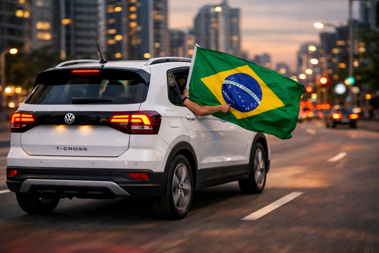 Volkswagen T-Cross branco com bandeira do Brasil na janela traseira em avenida urbana