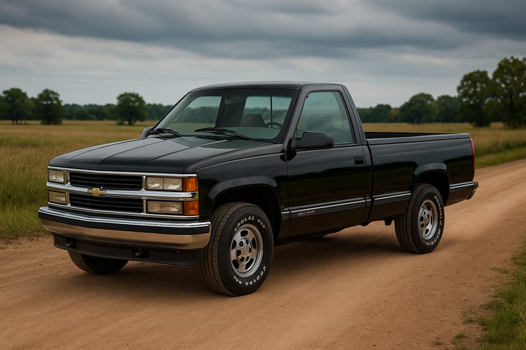 Chevrolet Silverado 1998 cabine simples preta estacionada em estrada de terra no campo