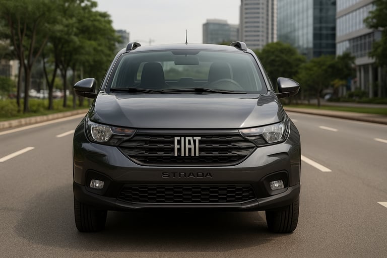 Fiat Strada cinza metálica estacionada em avenida urbana com prédios ao fundo