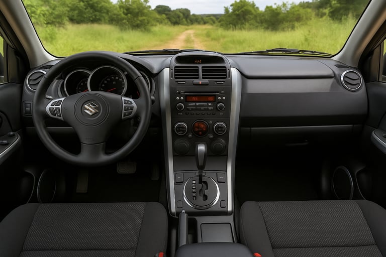 Interior do Suzuki Grand Vitara 2014 com painel aceso, volante multifuncional e bancos em couro.