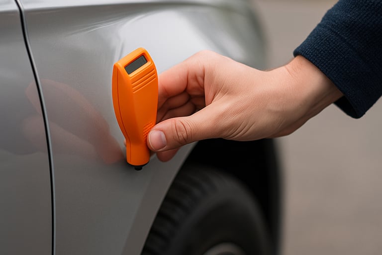 Mão usando testador de espessura de pintura laranja no paralama de um carro prateado.