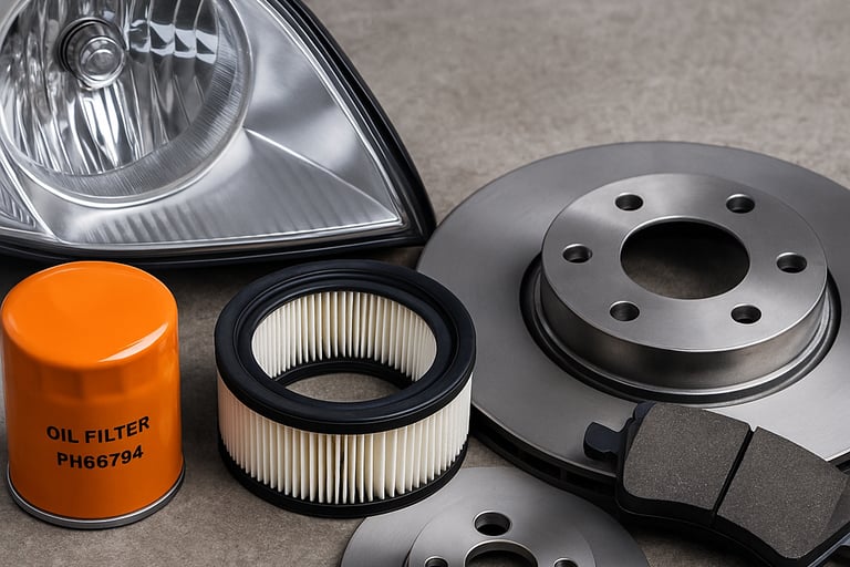 Conjunto de peças automotivas sobre superfície cinza, incluindo farol, filtro de óleo, filtro de ar,