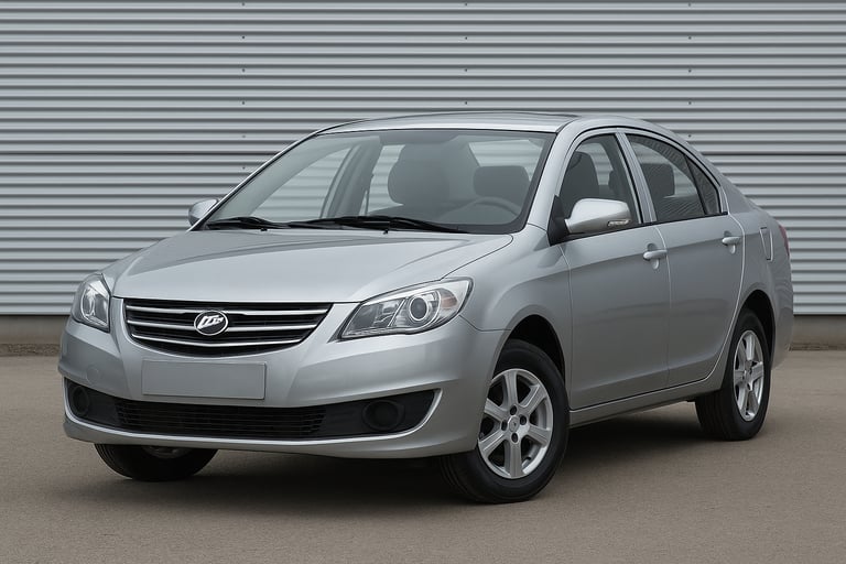 Lifan sedan prateado estacionado em frente a parede metálica, visto em ângulo três quartos, com grad