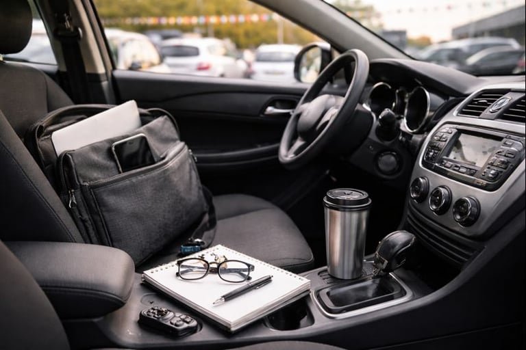 Interior de carro usado com itens de trabalho no banco e console, cenário de uso diário profissional