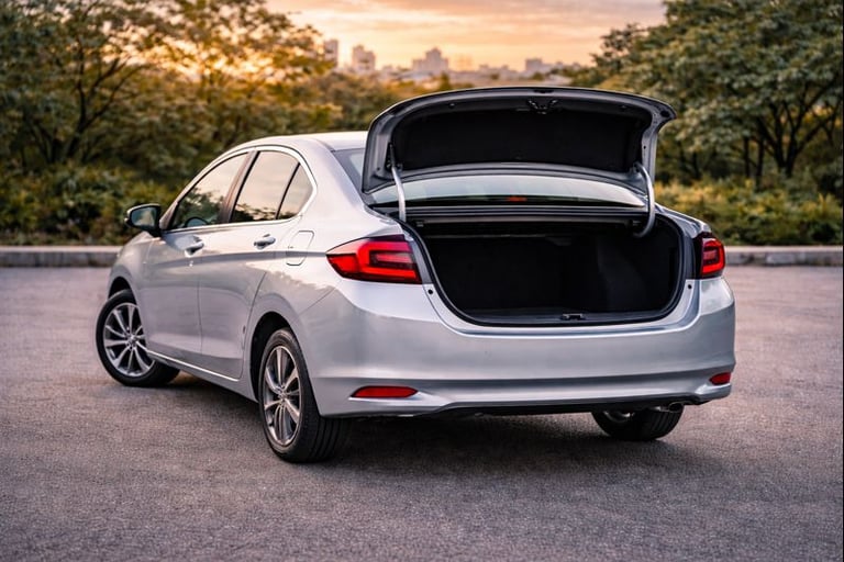 city estacionado com porta malas aberto