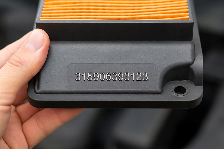 Código OEM gravado em peça automotiva, mostrado em close-up para identificar compatibilidade.