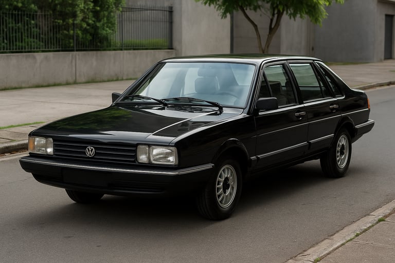 Volkswagen Santana preto dos anos 1980 estacionado em rua, visto de frente e lateral.