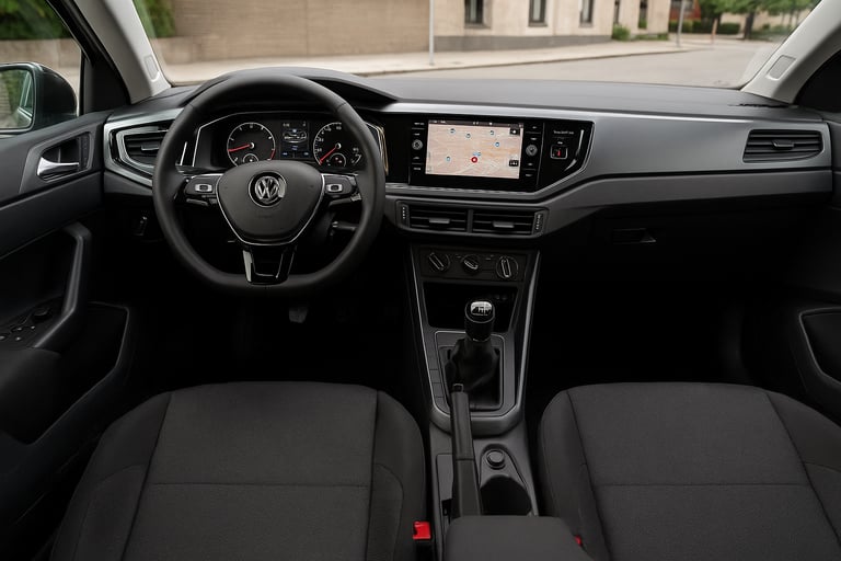 Interior moderno do Volkswagen Polo, destacando volante multifuncional, painel digital e central mul