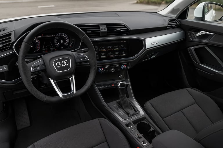Interior moderno do Audi Q3, destacando painel digital, volante multifuncional e central multimídia.