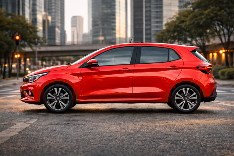 Fiat Argo 2026 vermelho visto de perfil em cenário urbano moderno