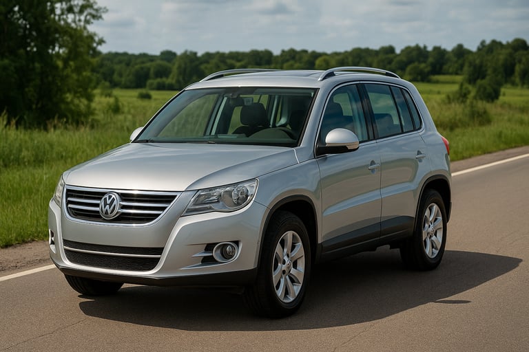Volkswagen Tiguan 2011 prateada em estrada rural, com vegetação verde e céu parcialmente nublado ao