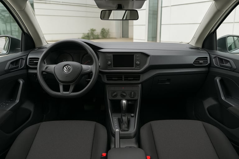 Interior de carro compacto versão PCD com câmbio automático, painel simples e acabamento básico.