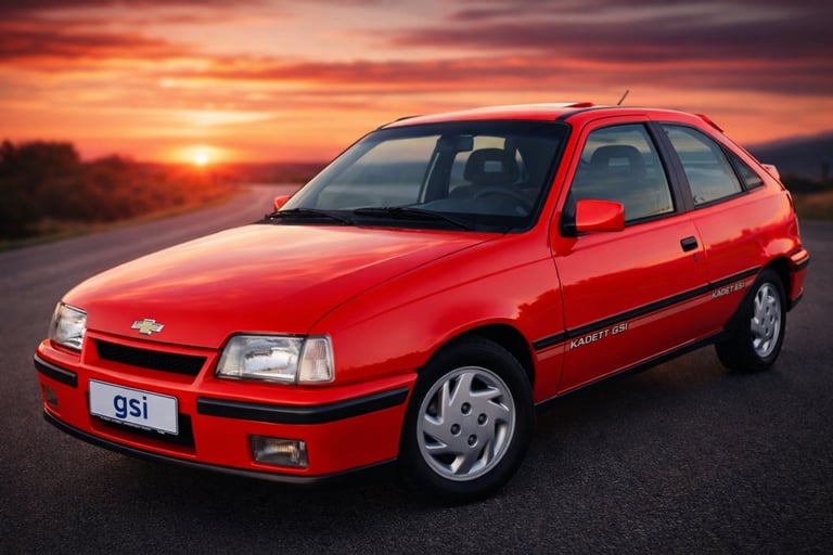 Kadett GSI vermelho zero km em fundo de pôr do sol com placa dianteira escrita GSI