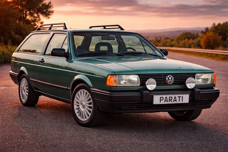 VW Parati clássica em verde metálico com placa dianteira Parati, posicionada em ângulo 3/4 frontal