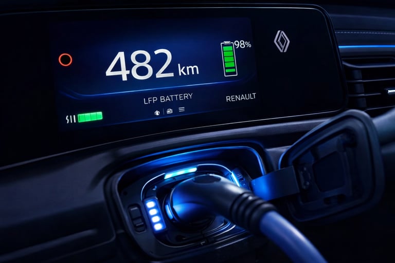 Painel do Renault Megane elétrico exibindo 482 km de autonomia com nova bateria LFP