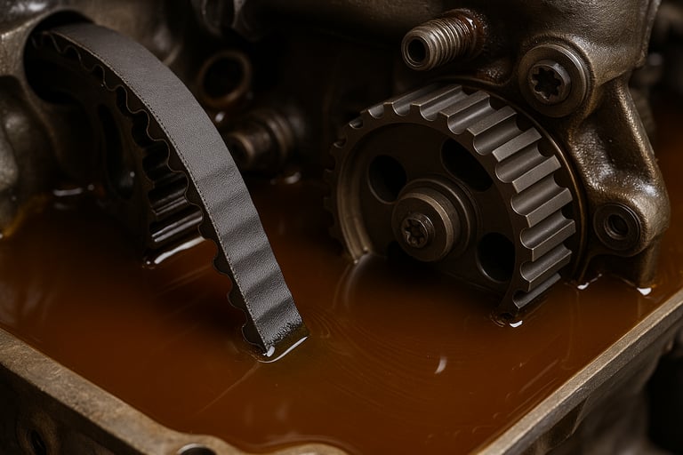 Close-up da correia banhada a óleo dentro do motor, com detalhe no tensionamento e óleo lubrificante