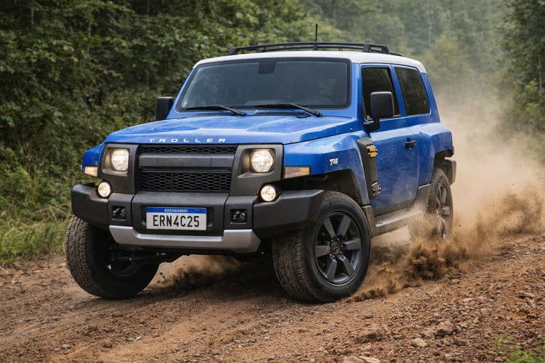 Troller T4 off-road representando as marcas de carros brasileiras em trilha de terra