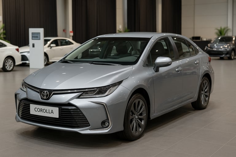 Toyota Corolla 2017 prateado exposto em salão automotivo com iluminação de showroom.