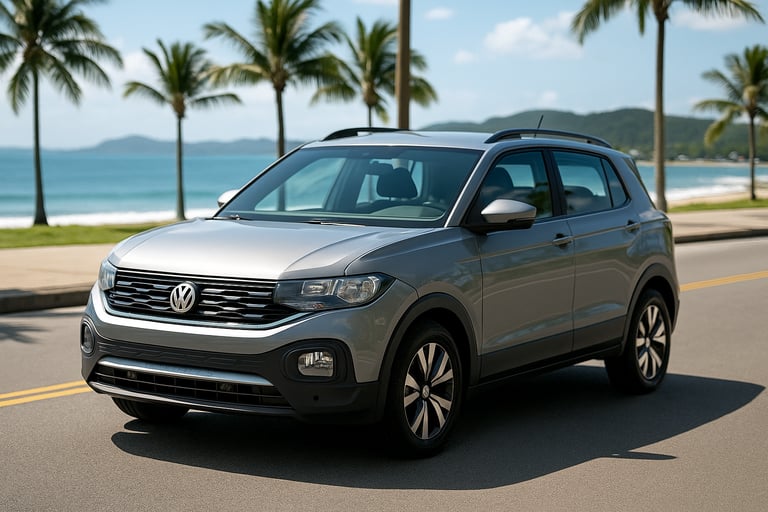 Volkswagen T-Cross 2019 prateado estacionado em avenida litorânea com palmeiras e mar ao fundo