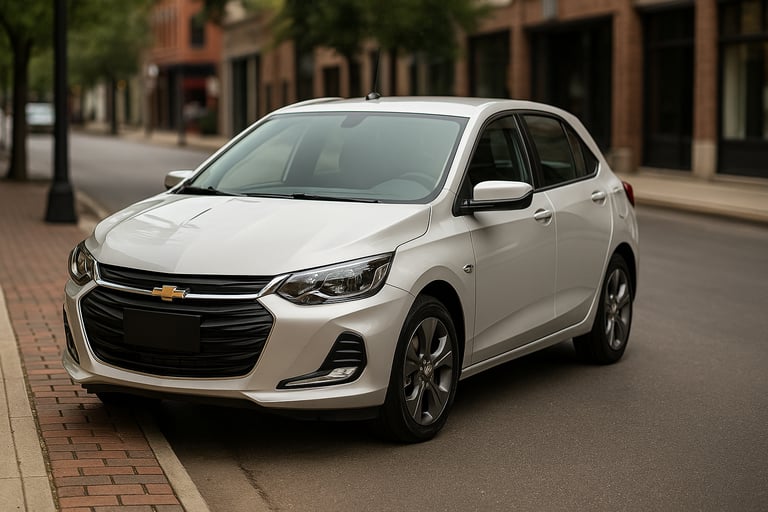 Chevrolet Onix 2018 branco estacionado em rua urbana com prédios ao fundo em dia nublado
