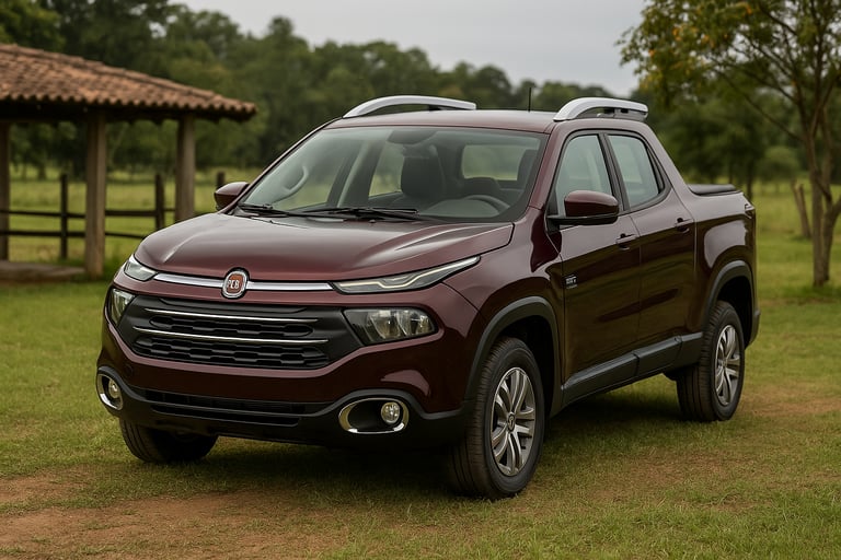 Fiat Toro 2018 marrom estacionada em chácara, com gramado, cerca de madeira e árvores ao fundo.