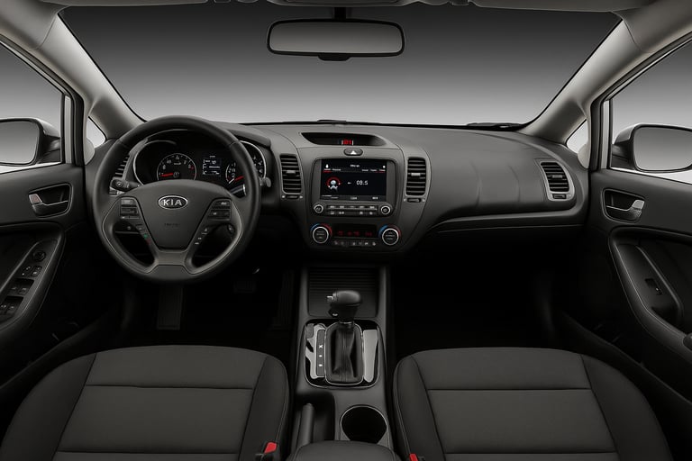 Interior do Kia Cerato 2017 com painel moderno, volante multifuncional e acabamento em preto.