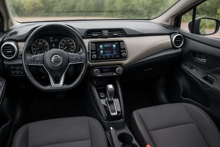 Interior do Nissan Versa com painel, volante multifuncional e central multimídia em destaque