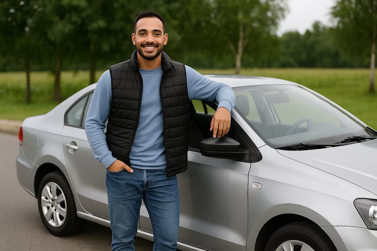 Homem sorridente encostado em carro sedan prateado estacionado em rua arborizada