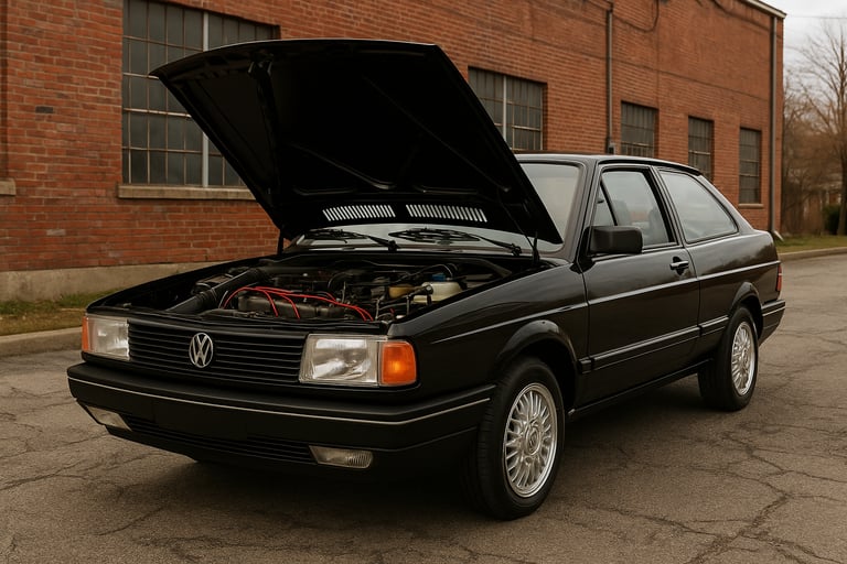 Volkswagen Santana prata clássico com capô aberto exibindo motor AP, estacionado em área externa