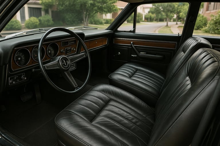 Interior clássico do Ford Landau, com bancos de couro preto, painel de madeira e volante original.
