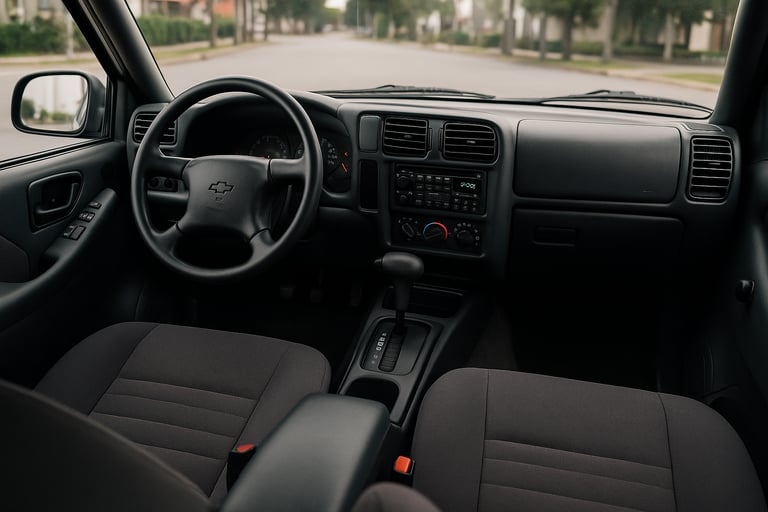 Interior da Chevrolet Blazer dos anos 2000, com volante, painel de instrumentos, rádio e bancos em t