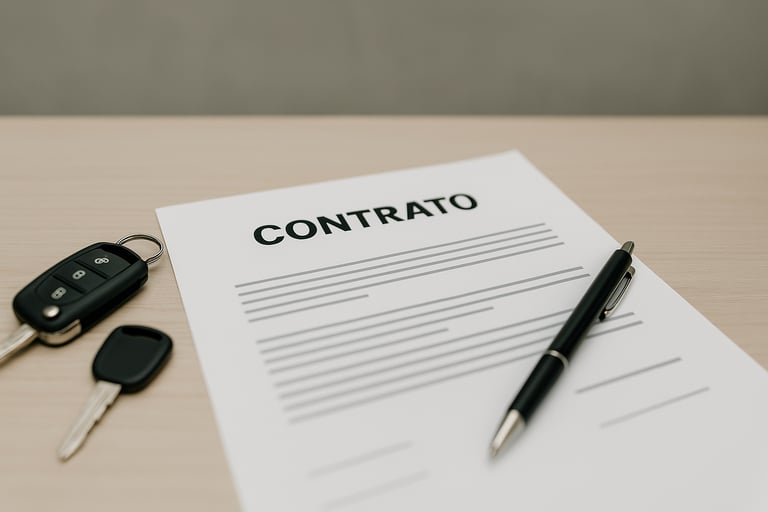 Contrato de compra de veículo sobre a mesa com caneta e chave de carro ao lado