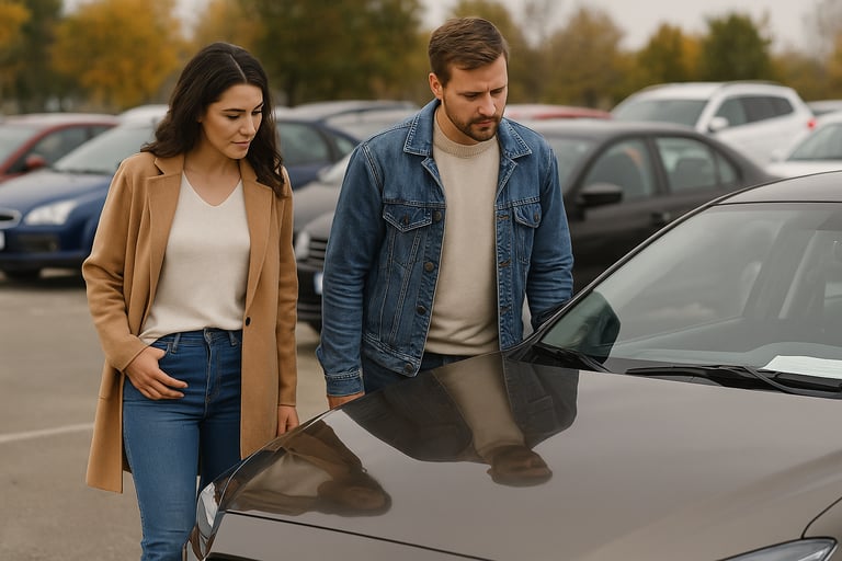 Casal inspecionando carro em feirão de veículos usados ao ar livre com vários automóveis ao fundo
