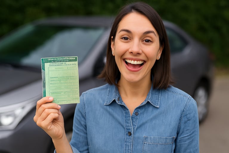 Mulher sorridente segurando documento de carro (CRLV) em frente a veículo, representando isenção de