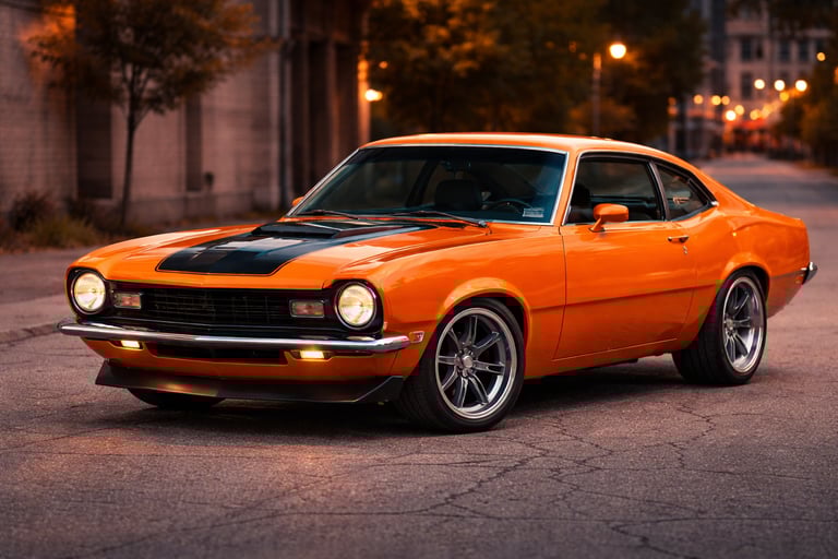 Ford Maverick clássico laranja, destaque entre carros antigos da Ford