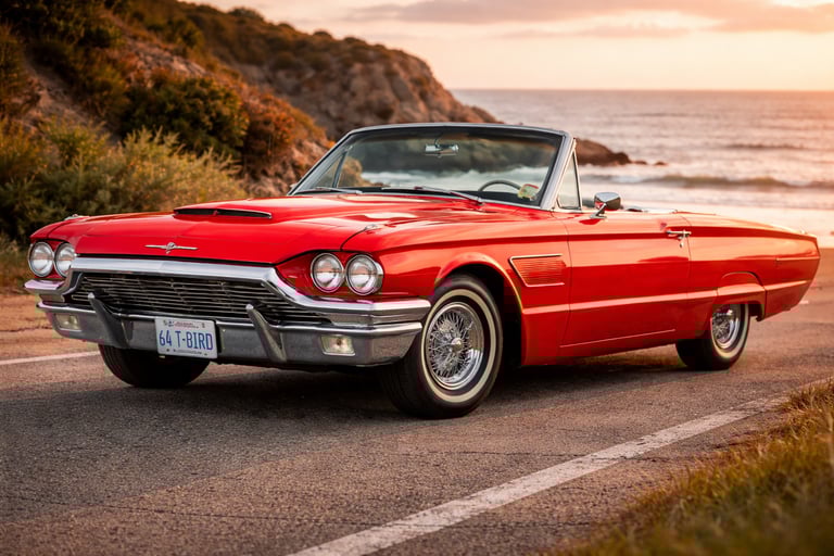Ford Thunderbird conversível azul, clássico entre carros antigos da Ford.