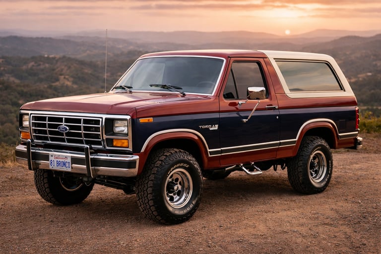 Ford Bronco clássico azul e vinho, modelo entre carros antigos da Ford.