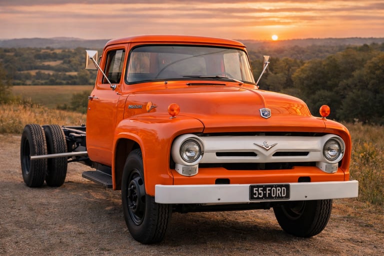 Ford F-Series clássica laranja, modelo entre carros antigos da Ford