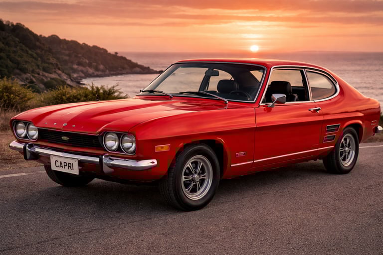 Ford Capri vermelho clássico, ícone entre carros antigos da Ford.