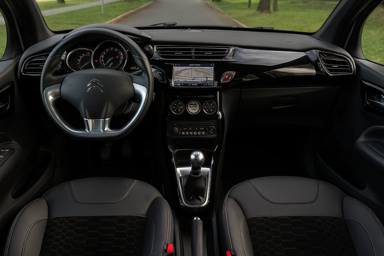 Interior do Citroën DS3 com acabamento em couro preto e painel central multimídia iluminado.