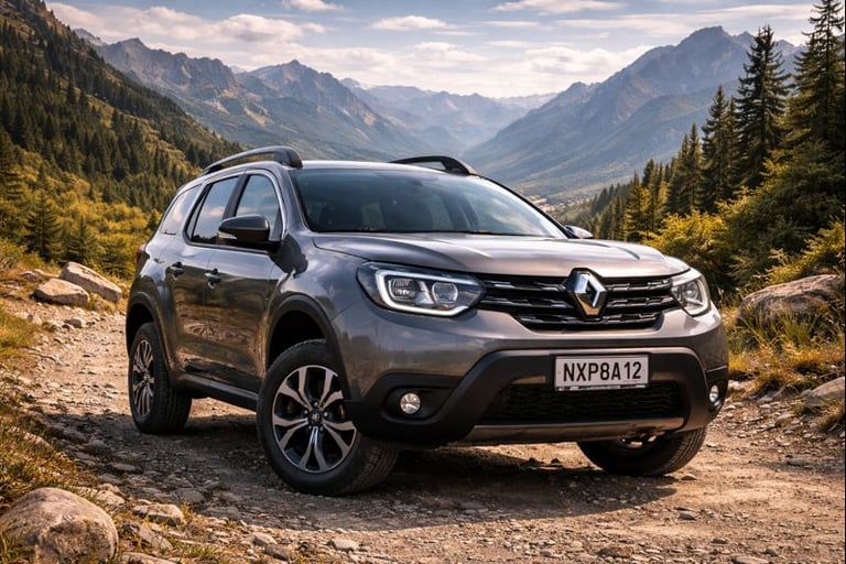 Renault Duster em estrada de terra, destacando altura do solo e visual robusto em cenário de montanh