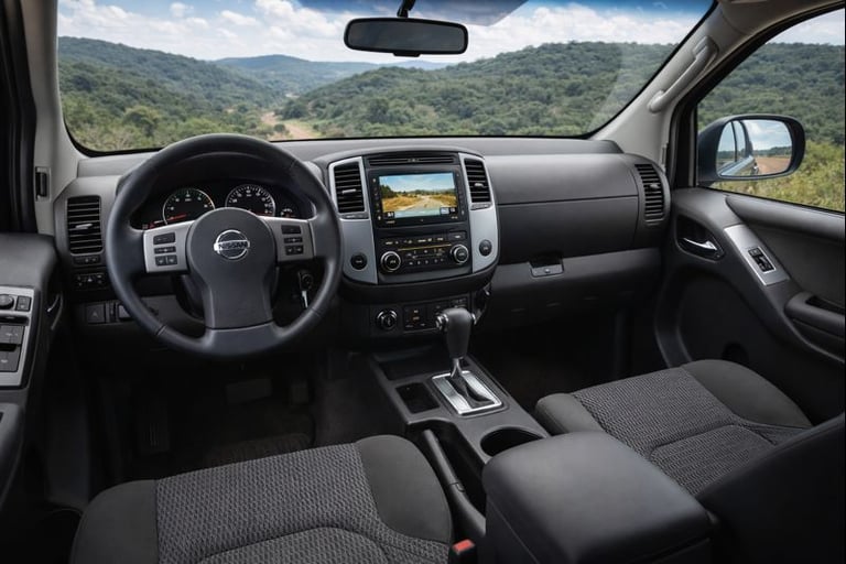Interior da Nissan Frontier com painel, volante, central multimídia e câmbio automático, vista a par