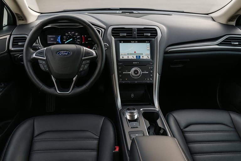 Interior do Ford Fusion 2018 com painel multimídia, volante multifuncional e bancos de couro.